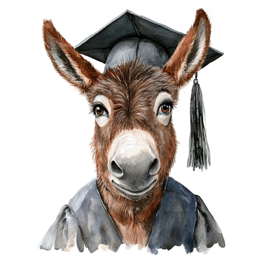 graduation donkey, funny animals, whimsical, brown and gray, rust brown, charcoal gray, cream white, woodland animals, education theme, back to school, academic cap, mortarboard, tassel, quirky, humorous, children's, playful, farmhouse style, animal illustration, watercolor style, character design, nursery, educational, school themed, rustic charm, cute animals, decorative panel, contemporary whimsical