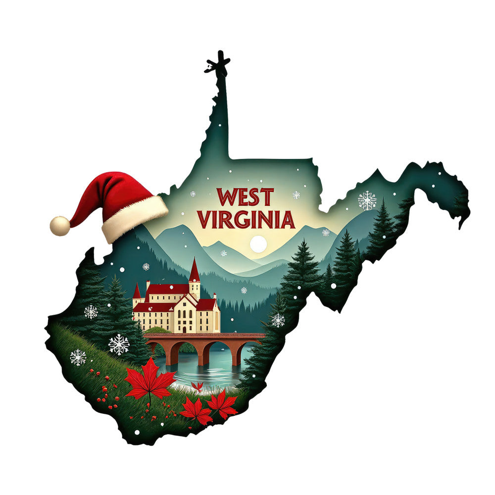 Christmas US States Fabric Panel 3 featuring West Virginia with festive Santa hat, winter landscape, and holiday decorations on premium quilting cotton.