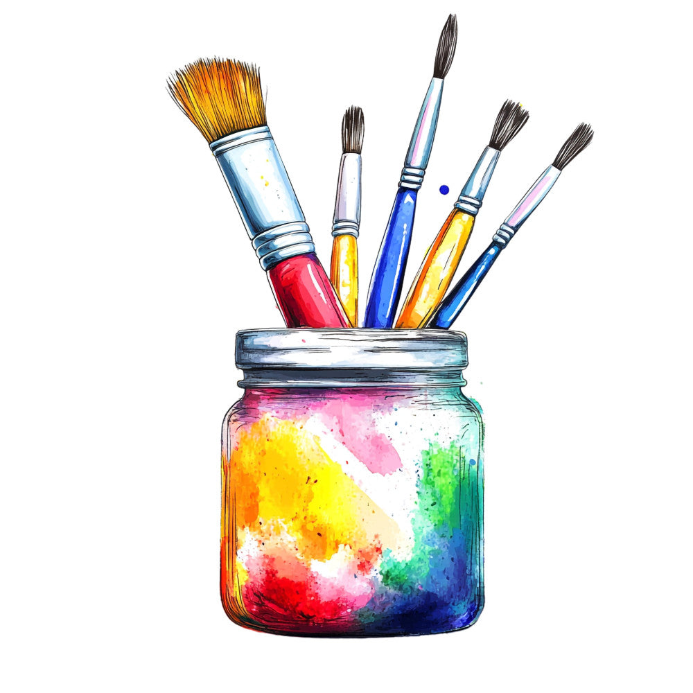 artist supplies, paintbrushes, glass jar, watercolor style, rainbow colors, red, blue, yellow, green, orange, purple, pink, colorful splashes, art theme, creative design, fabric panel, quilting cotton, craft supplies, painting tools, artistic illustration, vibrant hues, mason jar