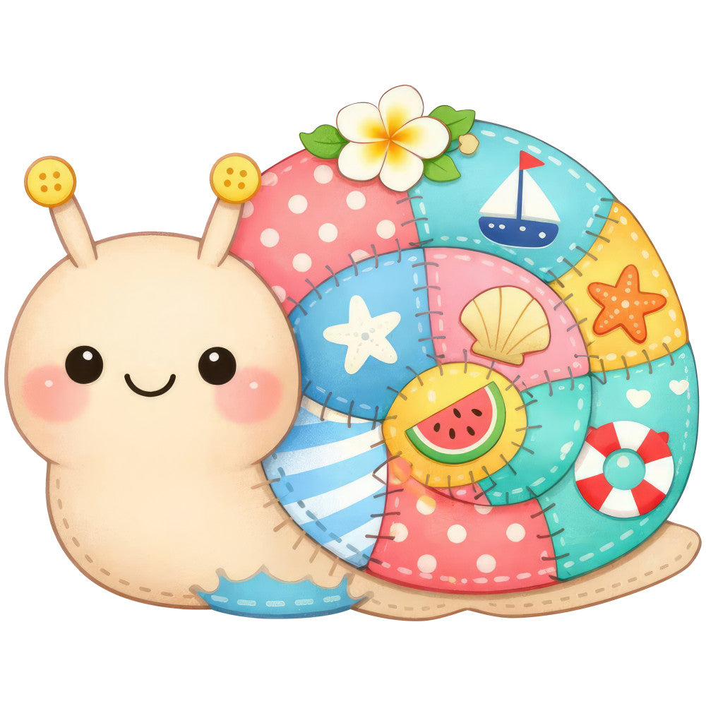 cute snail, whimsical animals, pastel colors, coral pink, turquoise blue, soft yellow, cream white, polka dots, nautical theme, beach theme, summer, starfish, sailboat, watermelon, seashells, life preserver, floral, plumeria flower, children's design, playful, sweet, adorable, baby quilt, nursery decor, coastal theme, tropical, seaside, cheerful, colorful patchwork, stitched details