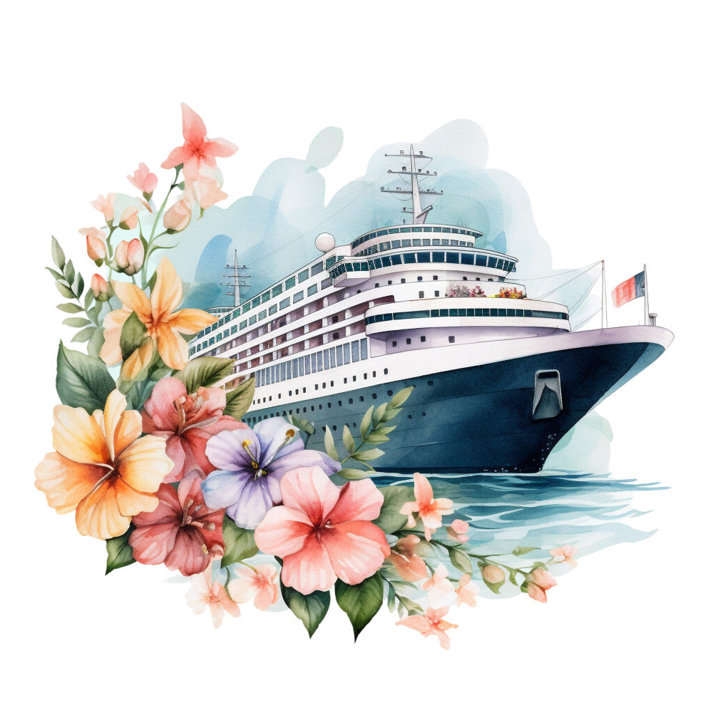 cruise ship, watercolor style, tropical flowers, hibiscus blooms, coral pink, peach orange, lavender purple, teal blue, sage green, ocean waves, maritime theme, floral arrangement, vacation motif, fabric panel, quilting cotton, nautical design, tropical paradise, cruise liner, botanical elements, soft pastels