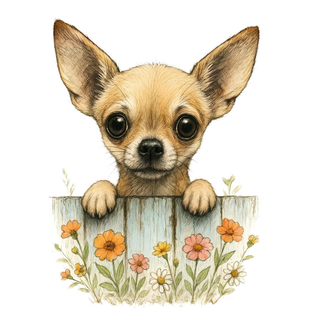 chihuahua, tan, cream, white, light blue, pale blue, orange, coral pink, yellow, green, floral, daisy, flowers, animals, dogs, pet, cute, whimsical, children's, baby, spring, garden, rustic, farmhouse, nature, playful, sweet, illustration, watercolor style, fence