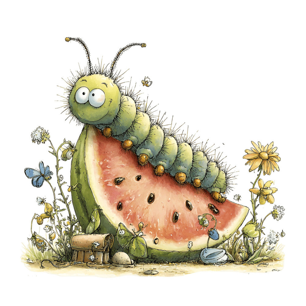 whimsical, caterpillar, watermelon, garden, nature, insects, butterflies, flowers, yellow, green, coral pink, rust orange, blue butterfly, daisies, spring, summer, children's, playful, cute, storybook, illustration, quirky, charming, woodland creatures, fruit, botanical, hand-painted style, gentle, nurturing, nursery