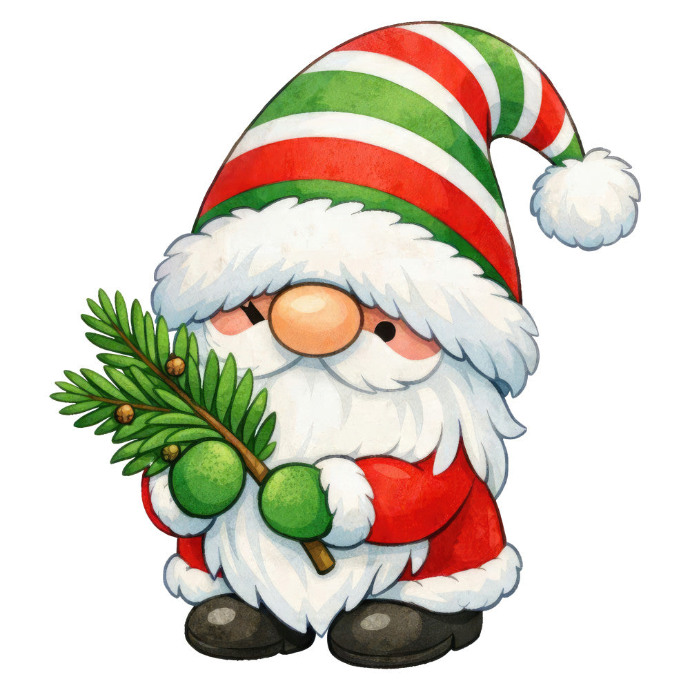 christmas gnome, holiday gnome, striped hat, red and green, cream white, festive, whimsical, christmas theme, winter holiday, gnome character, evergreen branches, holly berries, jolly gnome, traditional christmas, seasonal decor, christmas panel, holiday fabric, festive gnome, red clothing, green stripes, white beard, cute gnome, christmas motif, holiday decoration, winter theme, cheerful design, vintage christmas, traditional holiday, christmas craft, decorative panel