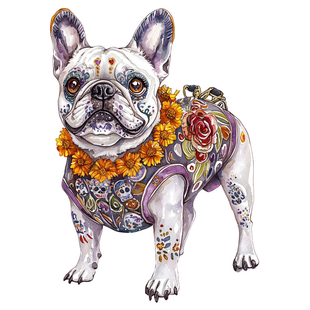french bulldog, day of the dead, sugar skull, floral, flowers, sunflowers, roses, ornamental, decorative, whimsical, bohemian, colorful, purple, gold, orange, yellow, red, white, skull motifs, folk art, mexican inspired, dog lover, pet themed, vibrant, jewel tones, artistic, detailed, embellished, festive