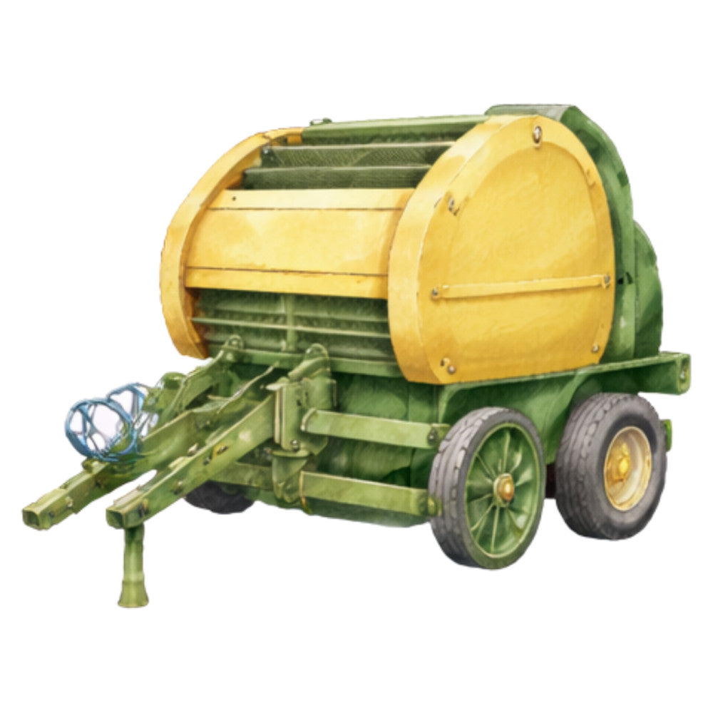 yellow, green, vintage, farm equipment, hay baler, agricultural, farmhouse, rural, countryside, John Deere, tractor, machinery, nostalgic, retro, americana, country, pastoral, harvest, rustic, traditional, boys, vehicles, transportation, working farm, heritage, antique farm equipment