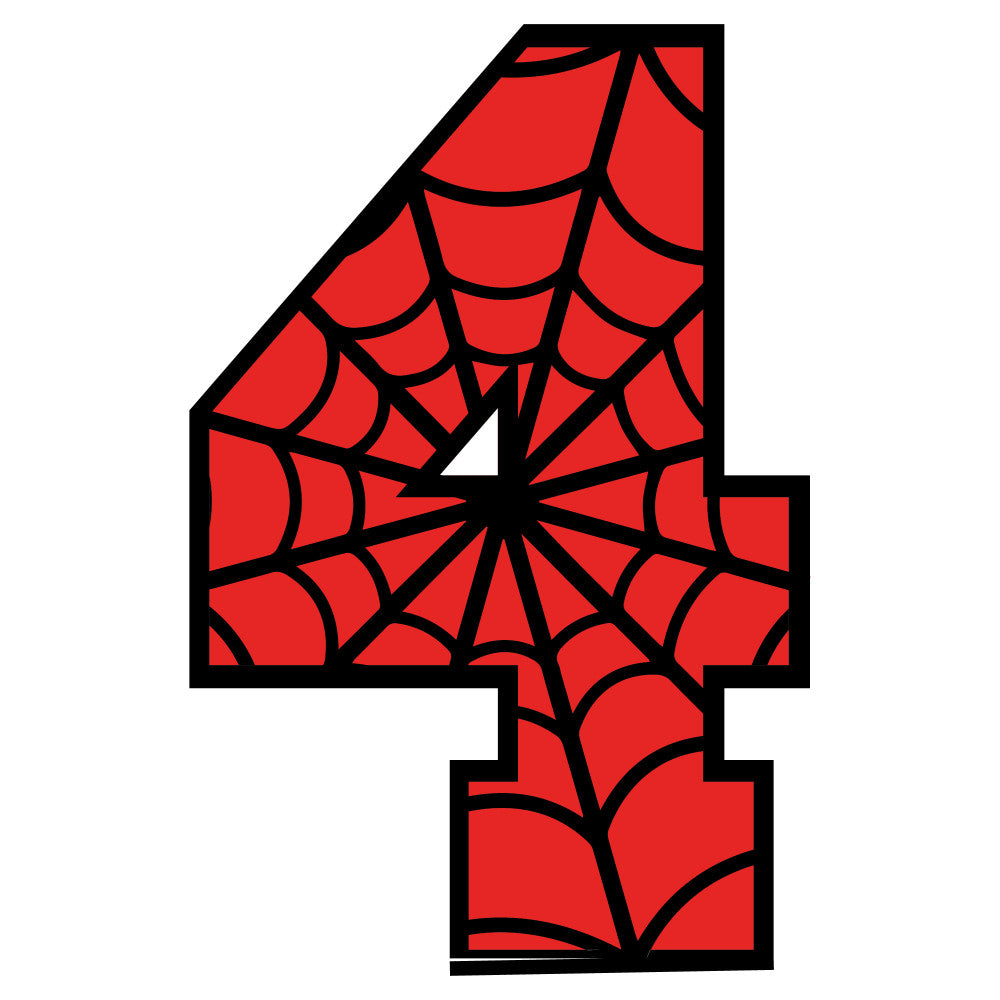 spider web, number four, red fabric, black outline, superhero theme, comic book style, alphabet panel, quilting cotton, children's fabric, geometric pattern, web design, arachnid motif, bright red, bold graphics, educational fabric, learning numbers, craft panel, sewing project, nursery fabric, cartoon style