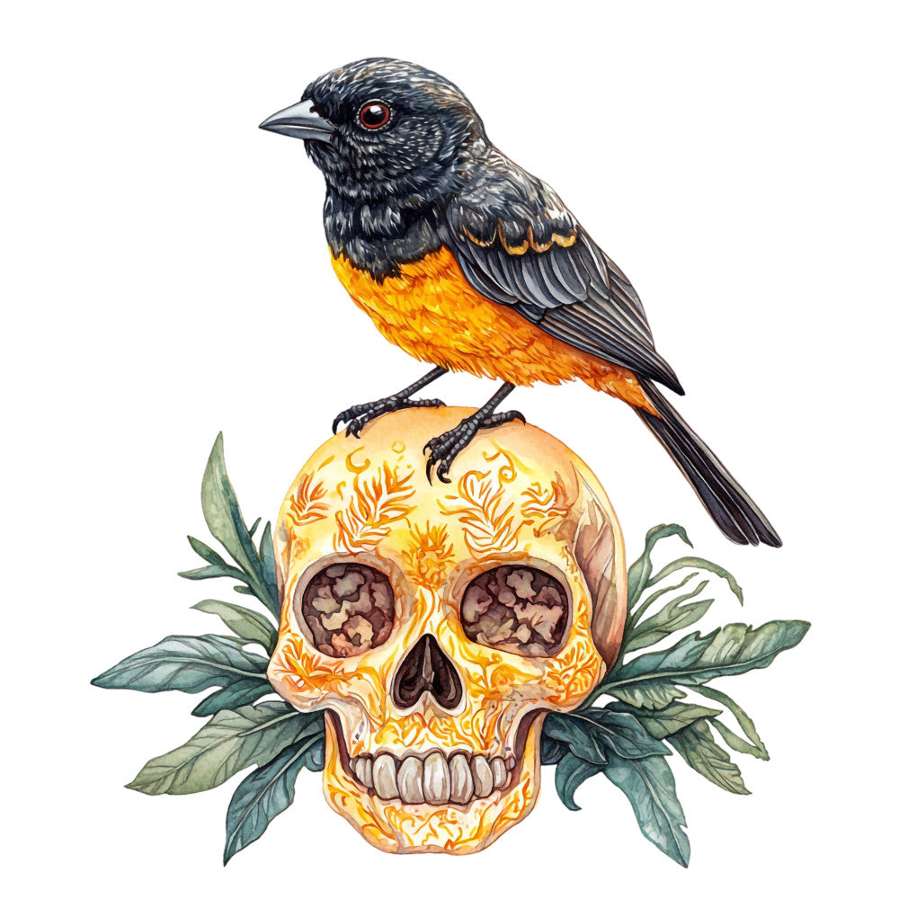 black and orange bird, skull, gold, ornate, day of the dead, dia de muertos, gothic, whimsical, dark, botanical, leaves, floral, orange breast, red eye, bird motif, skeleton, decorative, dark art, mexican inspired, autumn colors, black, cream, green foliage, nature, animals, edgy, unique, artistic, alternative style, halloween