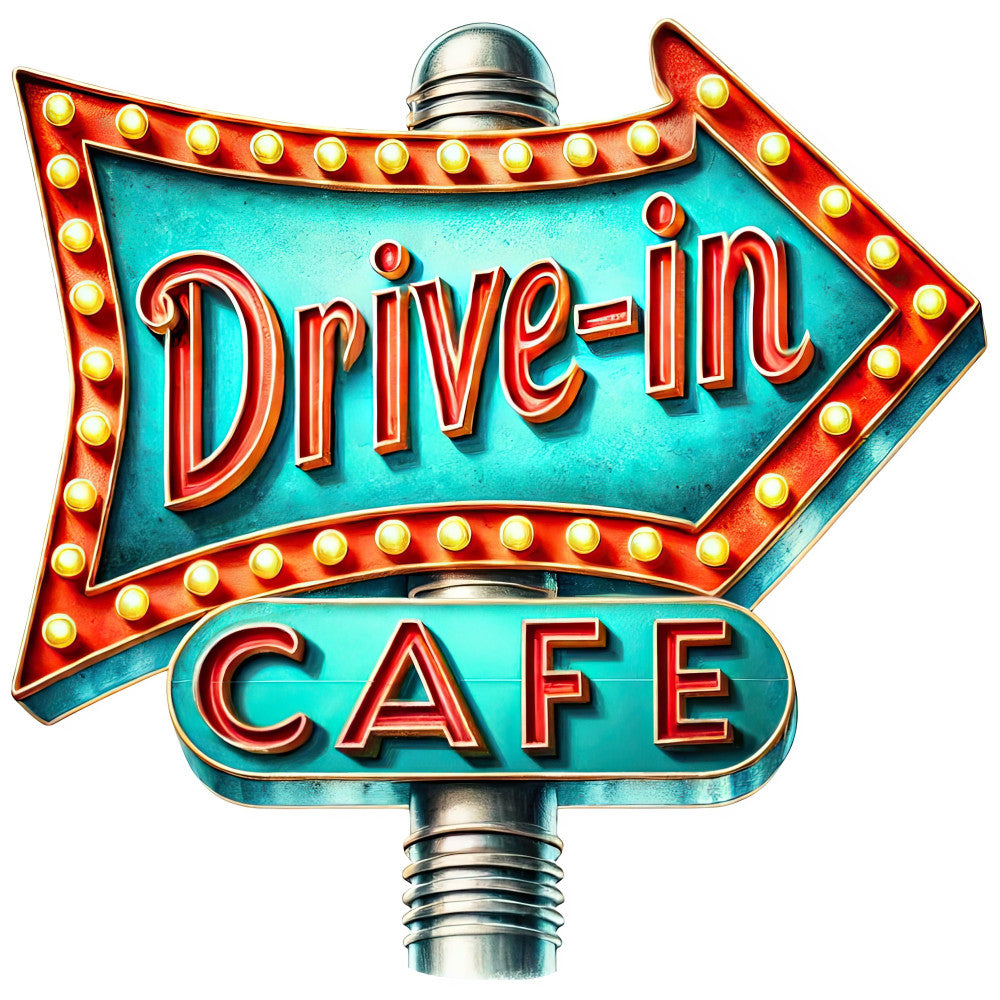 turquoise, red, yellow, gold, retro, vintage, 1950s, neon sign, diner, cafe, drive-in, nostalgic, americana, mid-century, arrow sign, marquee lights, bulb lights, chrome, metal post, whimsical, kitschy, roadside attraction, transportation theme, classic americana, retro diner decor, wall hanging, home decor, novelty print