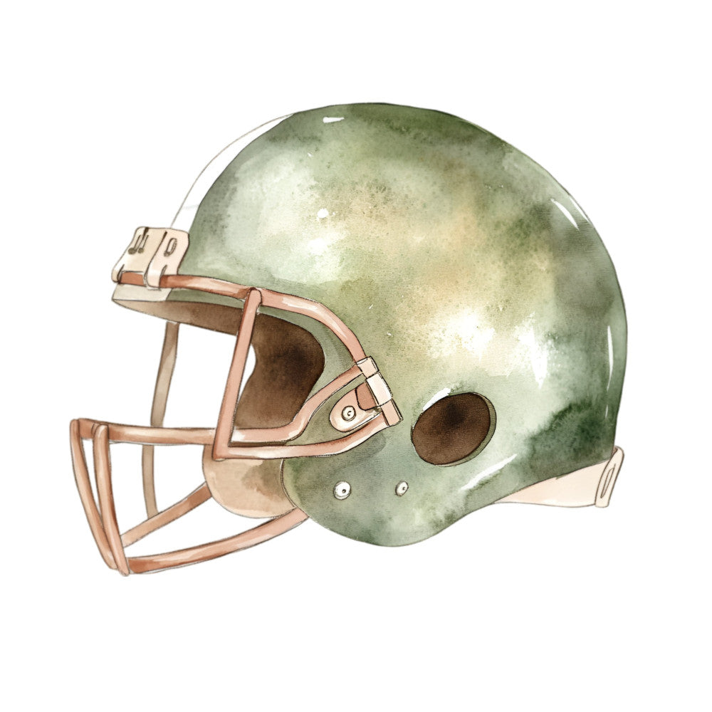 football helmet, sports, sage green, tan, brown, cream, athletic, team spirit, football, vintage sports, retro, americana, masculine, sports equipment, game day, football fan, protective gear, helmet design, nostalgic, traditional, collegiate, school spirit, sports themed, football season, fall, autumn sports, fan gear, locker room, sports illustration, watercolor style