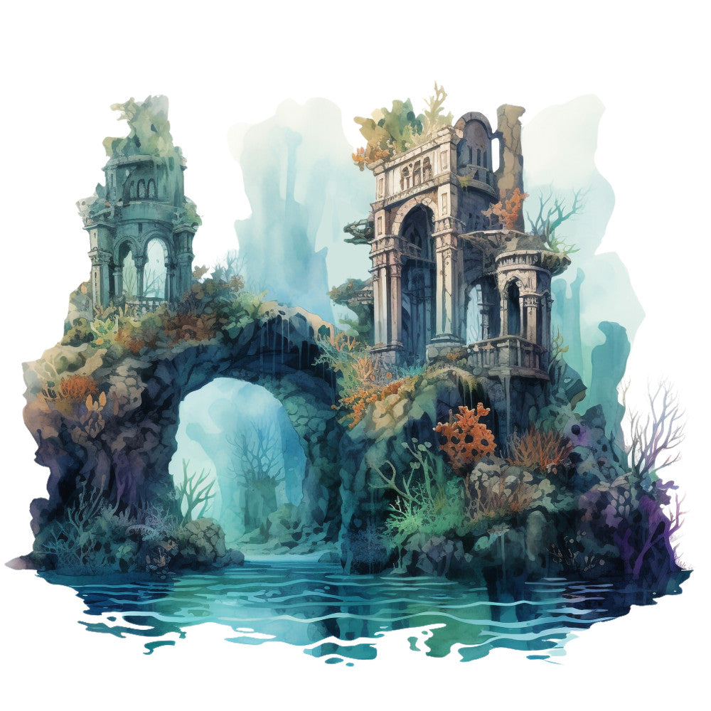 aqua blue, teal green, watercolor style, ancient ruins, stone architecture, overgrown vegetation, mystical landscape, fabric panel, fantasy scene, turquoise water, moss covered stones, arched bridges, ethereal atmosphere, botanical elements, serene waters, magical realm, cotton panel, quilting fabric, dreamy illustration, enchanted setting
