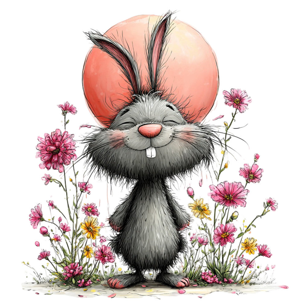 coral pink, dusty rose, charcoal gray, black, white, cream, golden yellow, floral, botanical, whimsical, cute animals, rabbit, bunny, nature, spring, summer, garden flowers, daisies, gerbera daisies, cheerful, playful, children's, kids, animal character, whimsy, sweet, folk art, illustration style, nursery