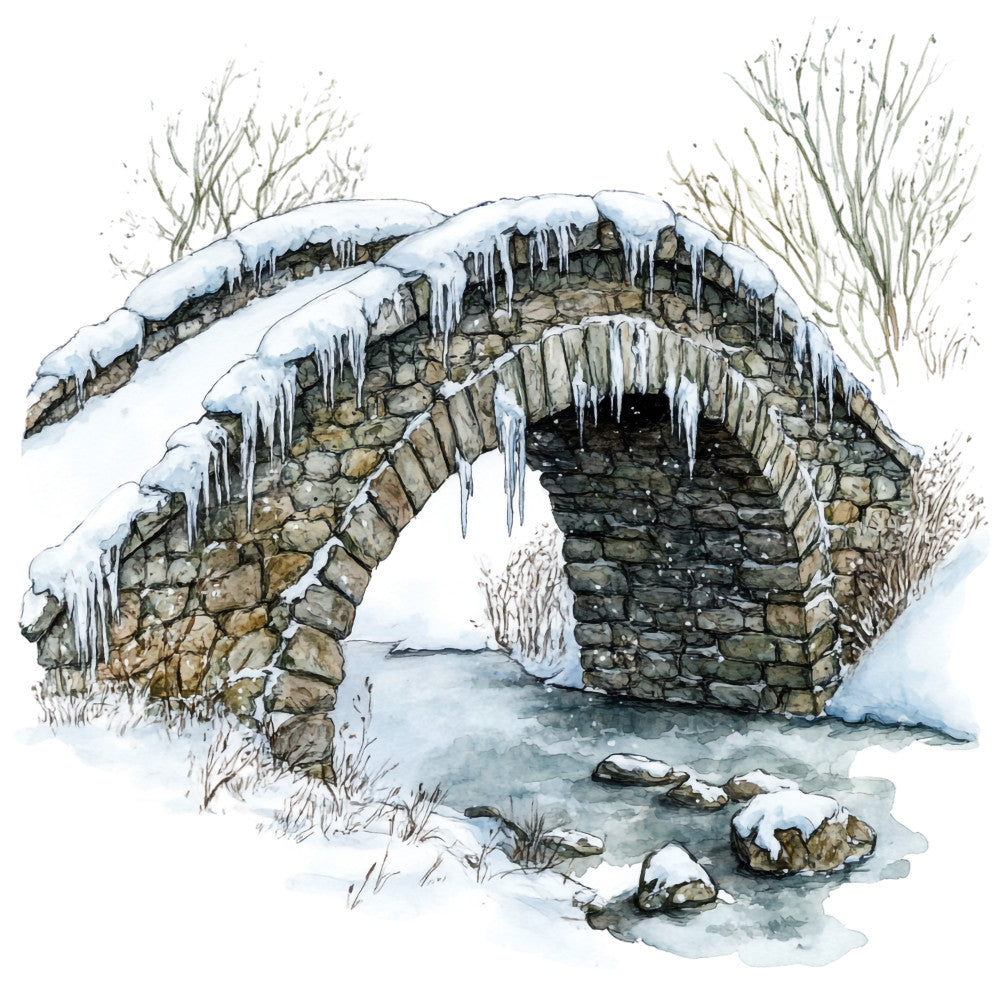winter landscape, stone bridge, icicles, snow covered, watercolor style, scottish scenery, frozen stream, bare trees, grey stones, white snow, blue water, rustic bridge, cold weather, fabric panel, quilting cotton, nature scene, peaceful mood, countryside, winter wonderland, arched bridge