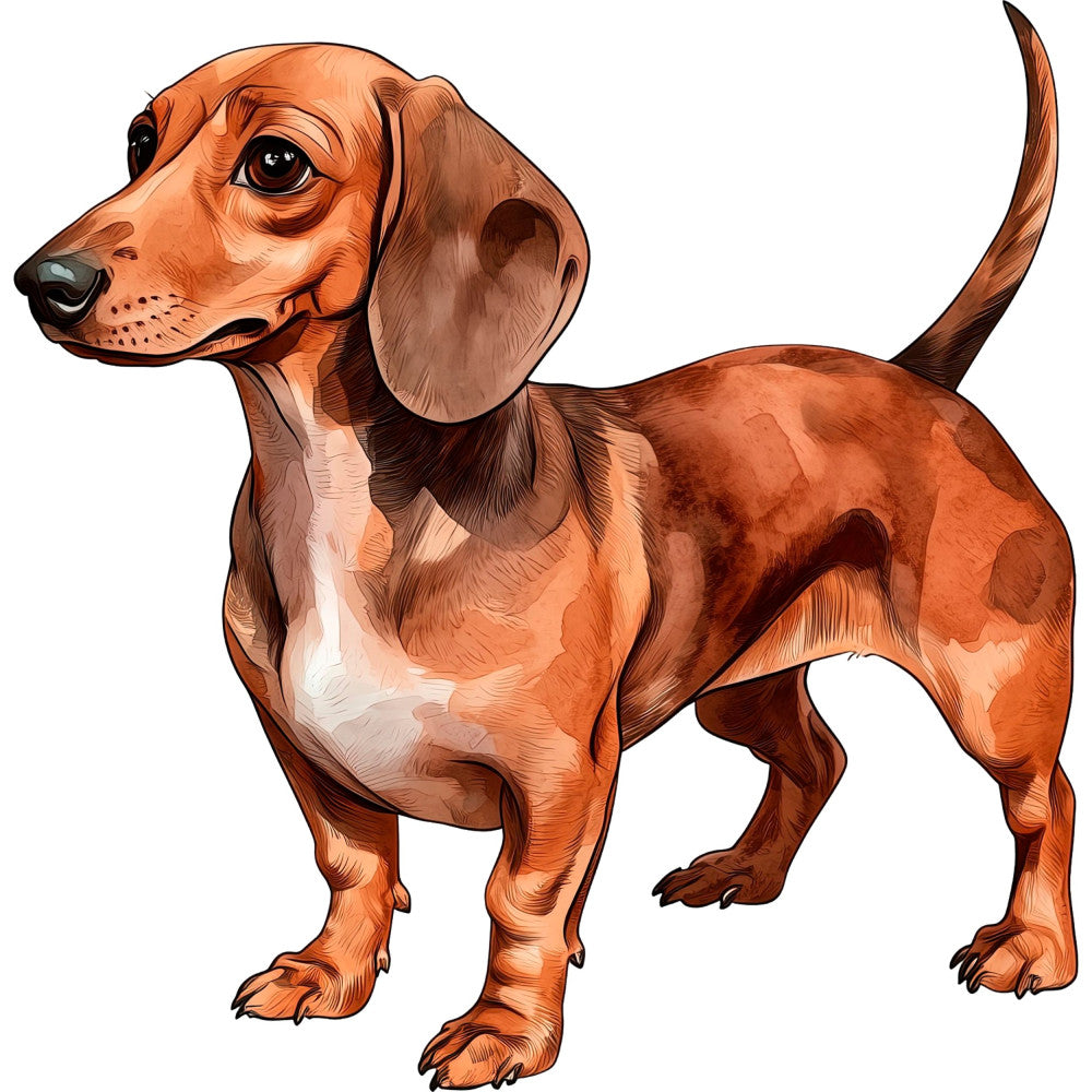 dachshund, dog, rust orange, burnt orange, tan, brown, cream, white, animal, pet, realistic, illustration, whimsical, playful, cute, children, kids, adorable, friendly, puppy, wiener dog, long dog, short legs, beagle, hunting dog, portrait, character, nursery, baby, home decor