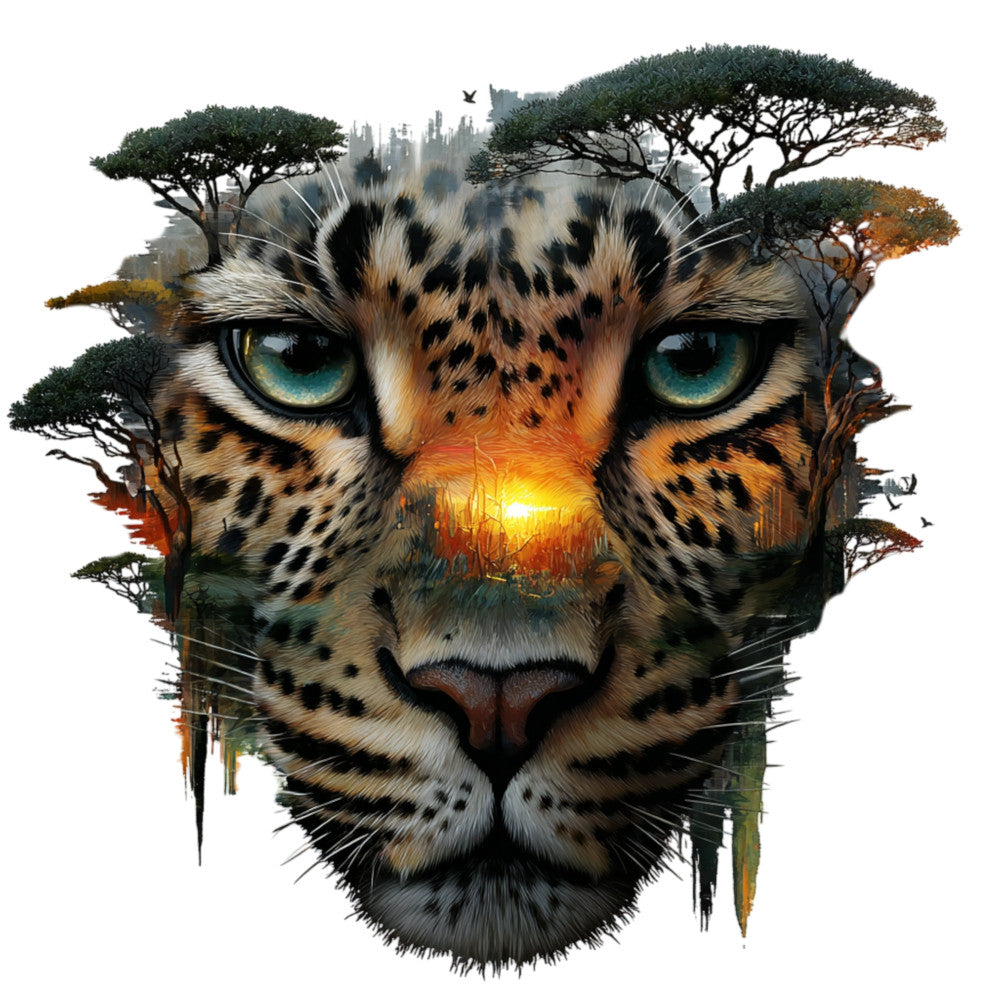leopard, wild cat, animal portrait, turquoise eyes, golden sunset, nature landscape, trees, savanna, wildlife, double exposure, mystical, bohemian, earth tones, burnt orange, forest green, cream, black spots, majestic, artistic, whimsical, celestial, dreamy, spiritual, wildlife art, big cat, nature inspired, safari theme, abstract landscape, blended imagery