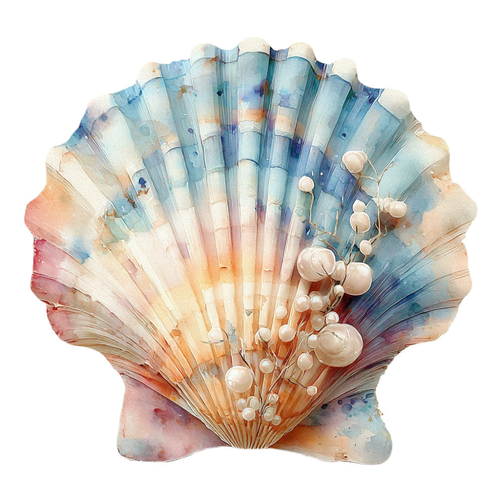 seashell, ocean, nautical, coastal, watercolor, aqua blue, coral pink, dusty rose, peach, cream, soft blue, purple, gradient, ombre, nature, beach theme, pearl embellishments, dimensional, mixed media, shell motifs, seaside, bohemian, whimsical, elegant, romantic, spring, summer, wall hanging, decorative panel, artistic