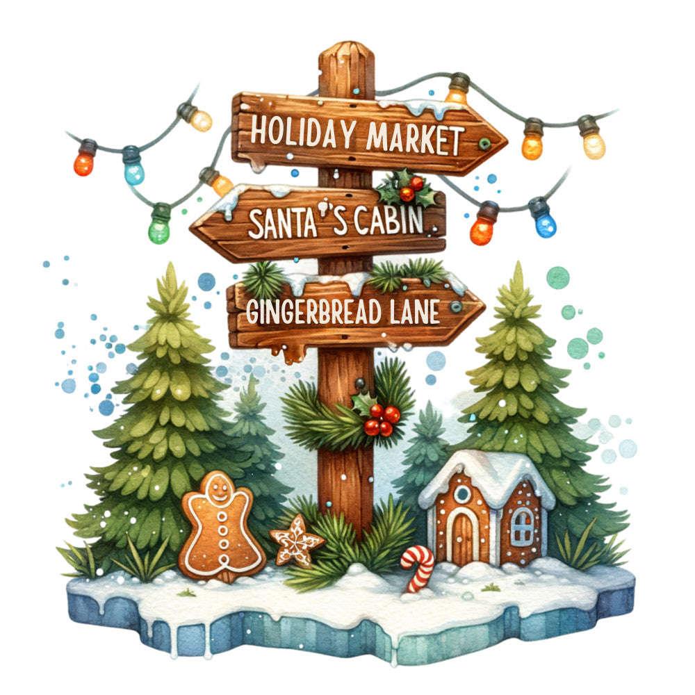 christmas signpost, holiday market, santa's cabin, gingerbread lane, wooden directional signs, evergreen trees, gingerbread cookies, candy canes, miniature house, string lights, winter scene, snow covered, festive illustration, watercolor style, brown wood grain, green pine trees, orange gingerbread, red berries, fabric panel, quilting cotton