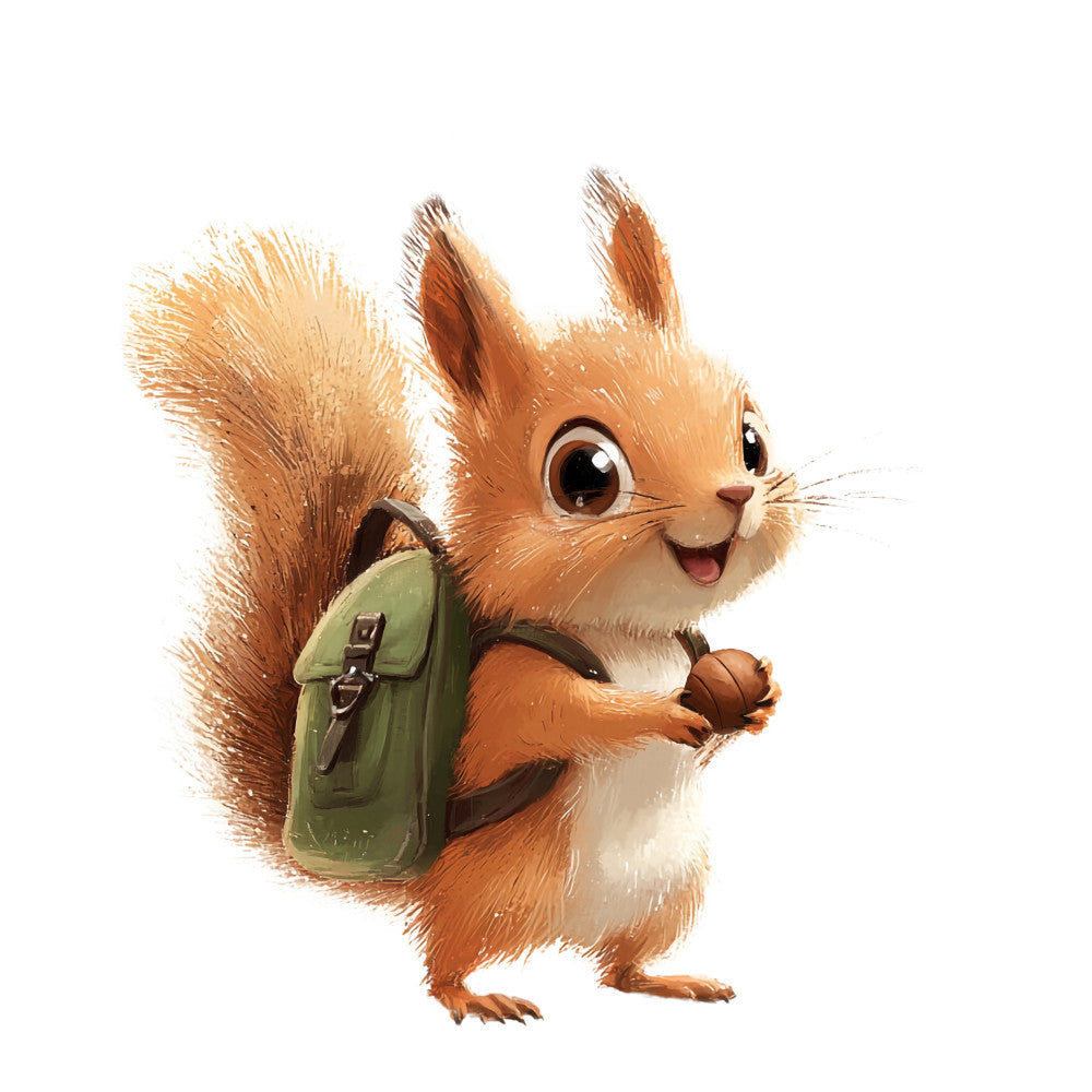 squirrel, orange fur, brown eyes, green backpack, acorn, cute animal, children's illustration, cartoon style, fabric panel, quilting cotton, woodland creature, forest animal, cheerful expression, fluffy tail, nature theme, kids decor, animal character, soft colors, whimsical design, craft fabric
