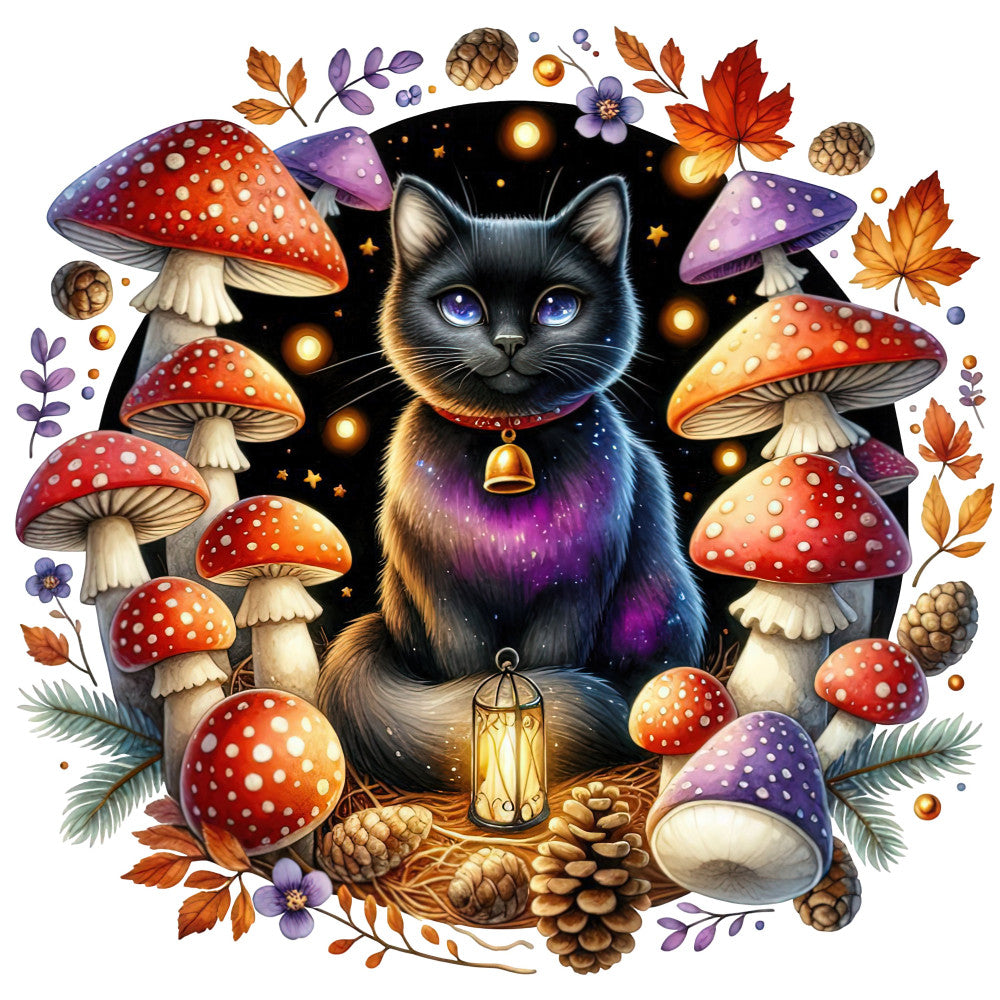 black cat, celestial, mystical cat, magical, whimsical, fantasy, autumn, fall, red mushrooms, toadstools, purple flowers, golden lights, stars, cosmic, nature, forest, woodland, bohemian, enchanted, dark purple, burnt orange, cream, brass gold, bell charm, lantern, pinecones, maple leaves, fall foliage, nocturnal, spooky magic
