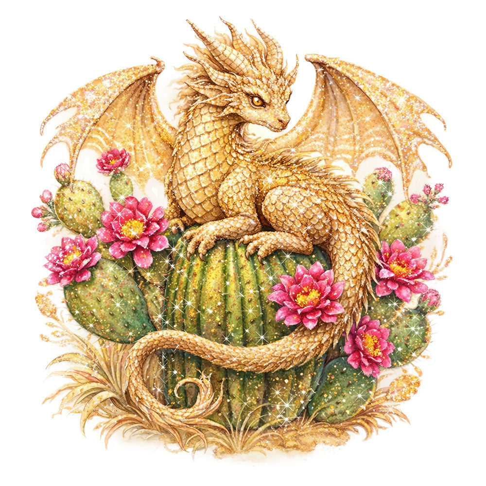 gold dragon, desert rose, hot pink flowers, golden yellow, sage green, cactus, prickly pear, fantasy creature, whimsical, magical, dragon design, floral, nature-inspired, celestial elements, sparkle shimmer, elegant, bohemian, desert theme, southwestern, botanical, fantasy art, decorative panel, wall hanging, adventure theme, mythical beast, jewel tones, ornate details, artistic illustration, enchanted forest, adventure quilt