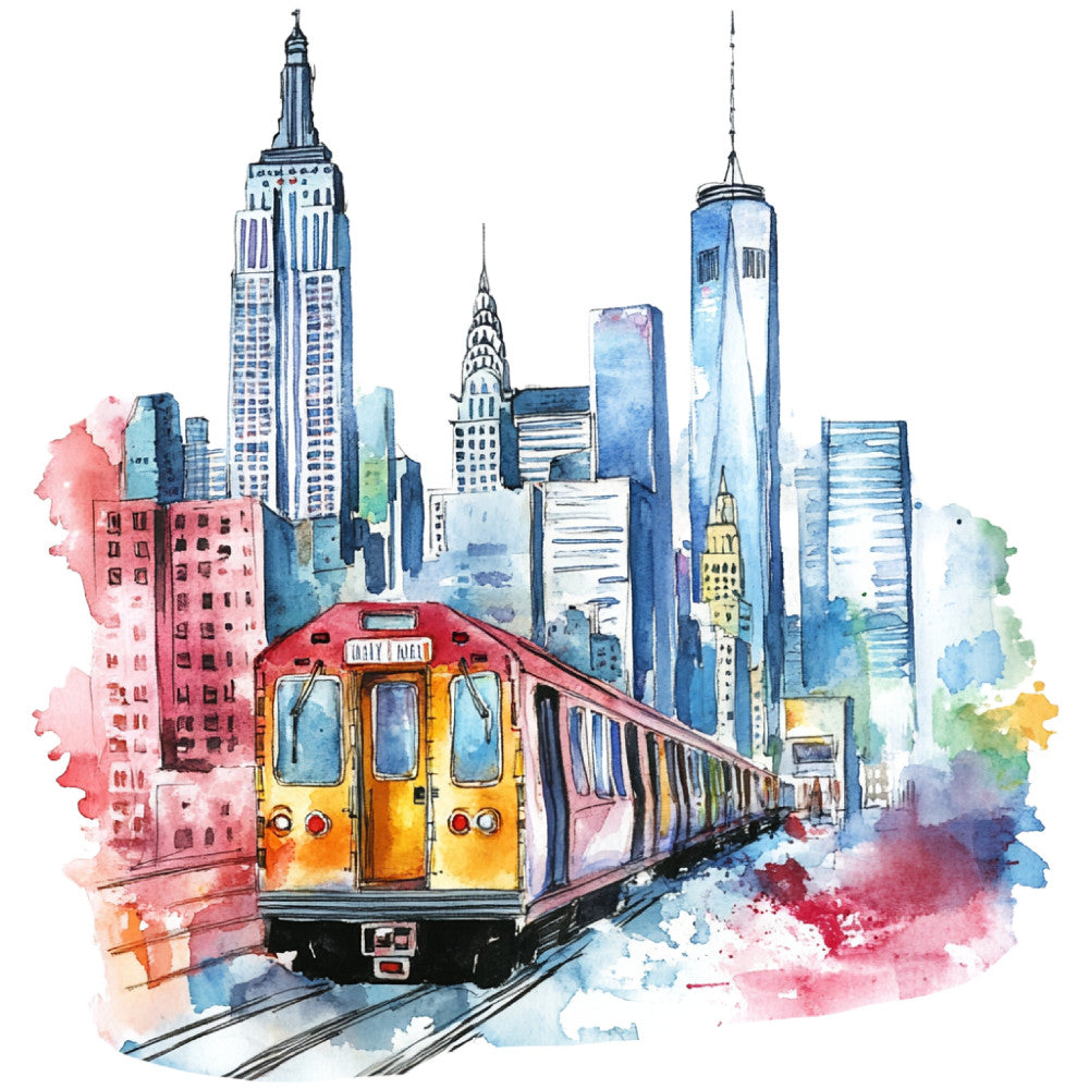 watercolor, new york city, nyc skyline, yellow taxi, subway train, empire state building, chrysler building, one world trade center, urban landscape, cityscape, transportation, vintage travel, modern art, whimsical, artistic, watercolor splashes, coral pink, dusty rose, navy blue, golden yellow, soft blue, green accents, abstract background, ink wash, painted effect, wanderlust, travel themed, metropolitan, contemporary, home decor