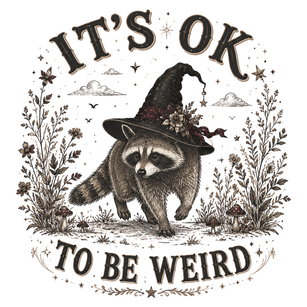 it's ok to be weird, witch hat, raccoon, black, cream, tan, brown, sepia, celestial, stars, clouds, witchy, whimsical, mystical, botanical, flowers, herbs, mushrooms, magical, halloween, autumn, vintage, engraved, woodland animals, nature, dark academia, gothic, enchanted, spooky, wall hanging