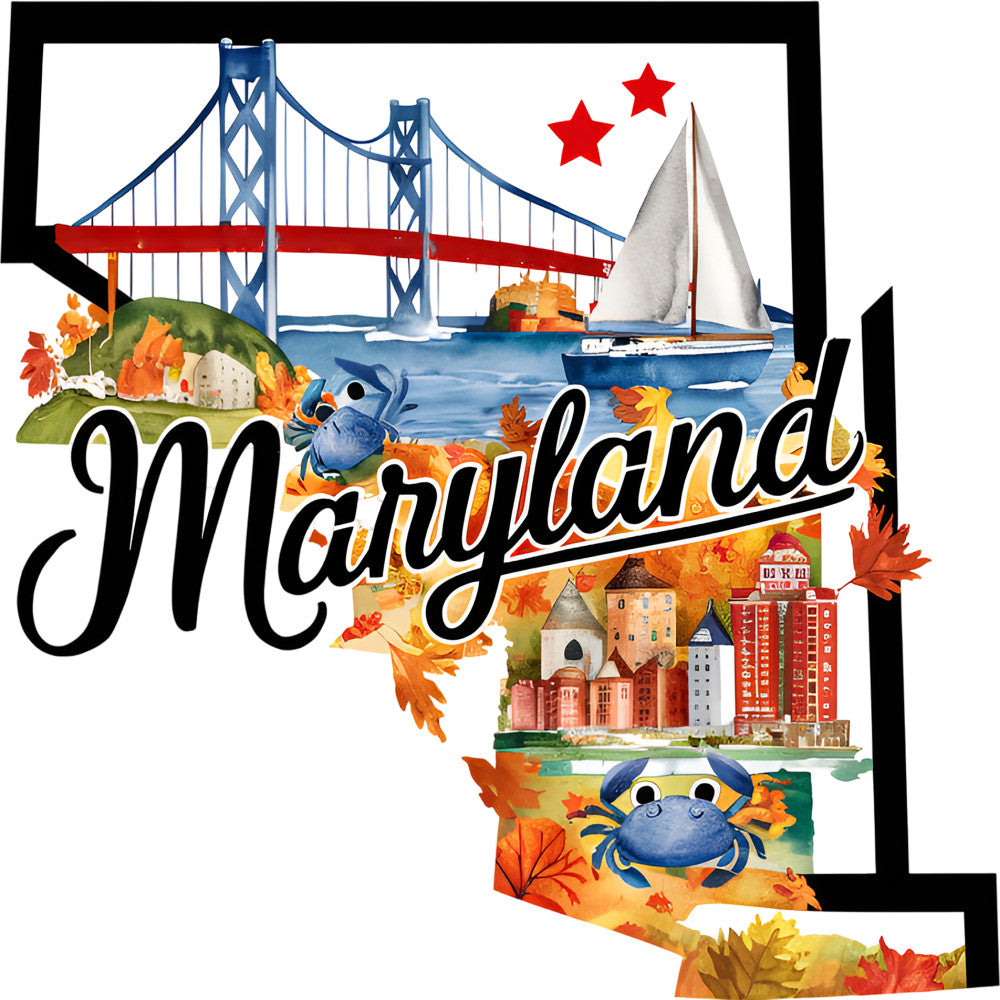 Classic US States Fabric Panel 20 featuring Maryland landmarks, bridge, sailboat, crabs, and autumn leaves on premium quilting cotton.