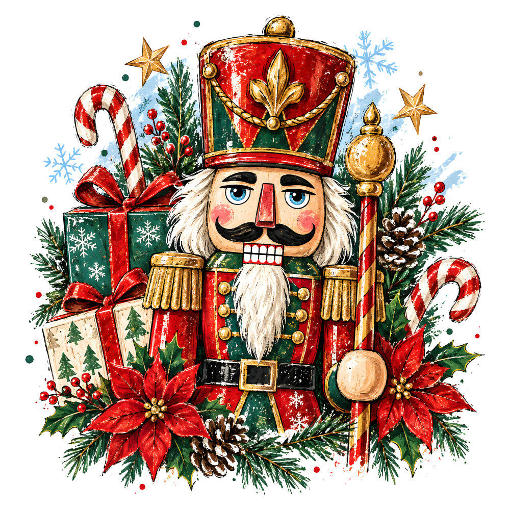 nutcracker, christmas, holiday, red, green, gold, white, traditional, festive, whimsical, vintage, soldier, candy cane, poinsettia, pine cone, snowflake, evergreen, ornaments, gift box, bow, bearded, military uniform, nutcracker soldier, december, seasonal, classic, decorative, winter, celestial star, holly