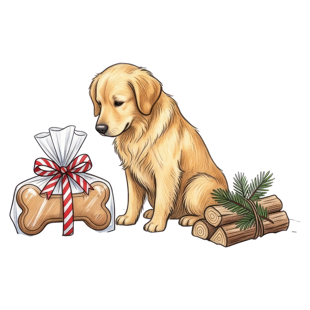 golden retriever, dog, bone-shaped treats, festive, holiday, christmas, red and white striped ribbon, evergreen branches, firewood logs, tan, cream, golden yellow, warm brown, dark brown, forest green, whimsical, rustic, farmhouse, pet lover, animal themed, winter, seasonal, gift wrapped, playful, cute, cozy, christmas pets