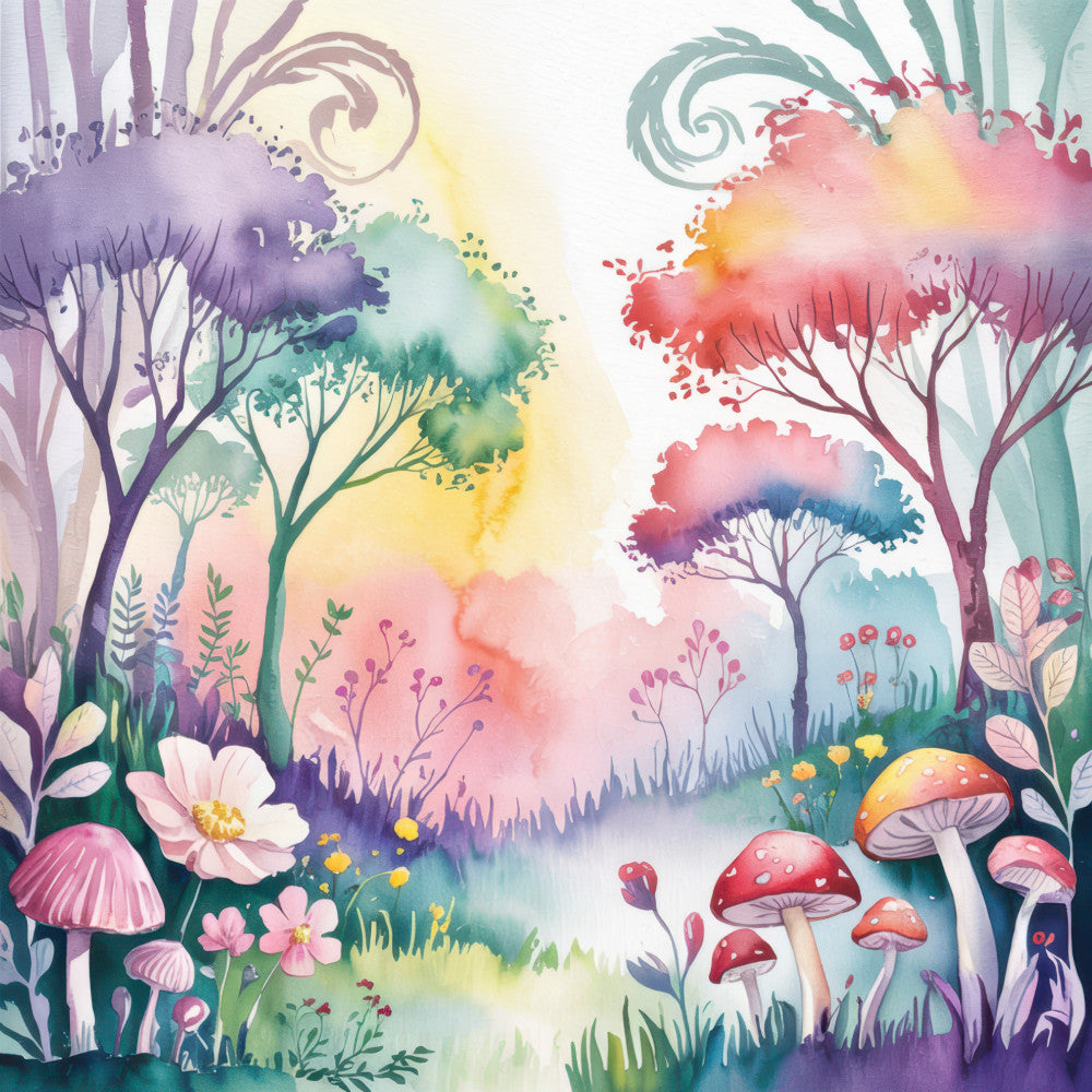 watercolor style, whimsical forest, rainbow colors, purple trees, pink mushrooms, red toadstools, colorful foliage, fantasy woodland, pastel hues, botanical elements, dreamy atmosphere, nature scene, fairy tale forest, soft gradients, enchanted garden, fabric panel, quilting cotton, magical landscape, vibrant watercolors, woodland creatures habitat