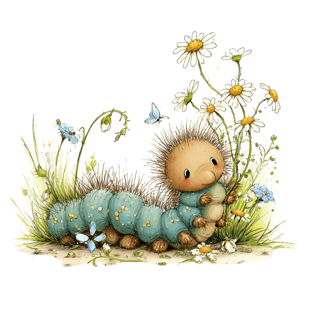 sage green, cream, golden yellow, soft blue, brown, whimsical, nature, animals, hedgehog, daisies, butterflies, insects, woodland, garden, spring, summer, cute, children's, baby, nursery, storybook illustration, sweet, playful, gentle, soft colors, wildflowers, grass, small creatures, charming, delicate