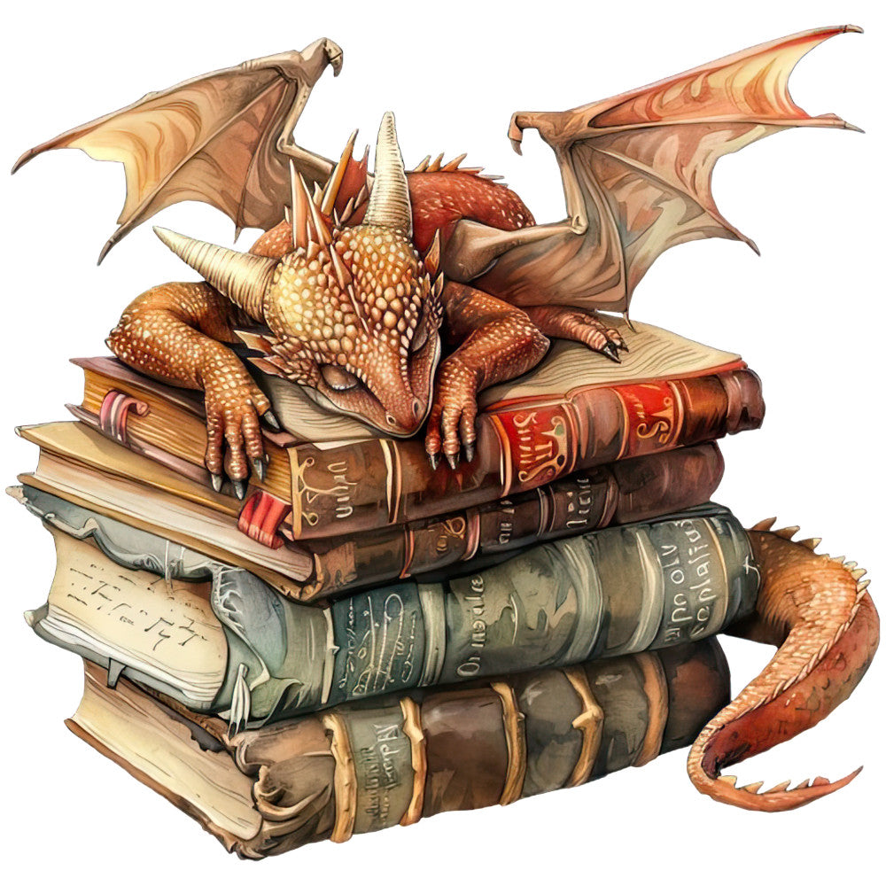 Dragon Sleeping on Books Fabric Panel 5 features a detailed dragon resting atop stacked vintage books in warm tones.