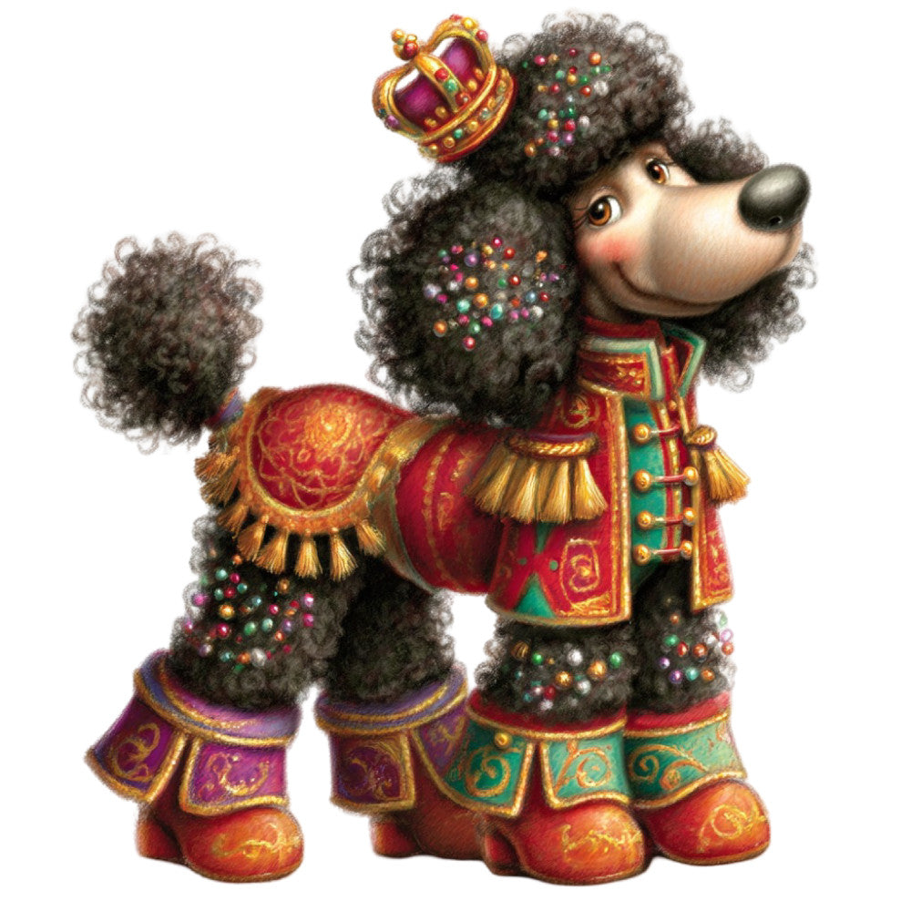 poodle, royal red, gold, emerald green, purple, jewel tones, ornate, embellished, decorative, whimsical, fancy, elegant, regal, crown, animals, dogs, cute, children's, playful, holiday, festive, vintage, ornamental, detailed, colorful, multicolor, decorative clothing, costume, fancy dress, imaginative