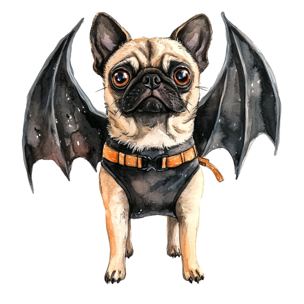 bat dog, french bulldog, halloween, black wings, tan and black, cream colored, orange accents, animal themed, whimsical, playful, costume, bat wing, cute animals, pet themed, humorous, fantasy creature, spooky, trick or treat, autumn, fall, dark colors, charcoal gray, fawn, pug, dog lover, novelty print, children's, fun and festive