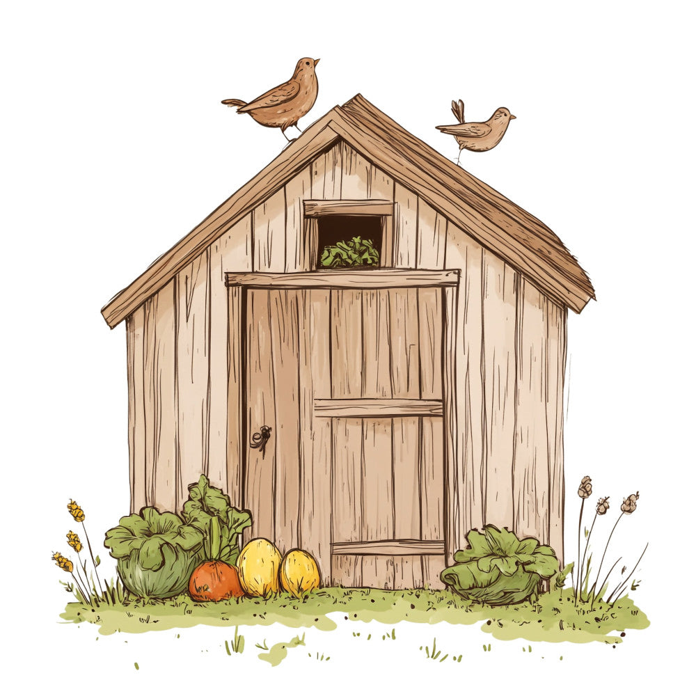 garden shed, farmhouse, rustic, cottage, vegetables, produce, birds, nature, pastoral, country, harvest, autumn, fall, cream, tan, beige, brown, olive green, yellow, orange, toile, whimsical, traditional, garden theme, potatoes, squash, lettuce, wooden door, window box, wildflowers