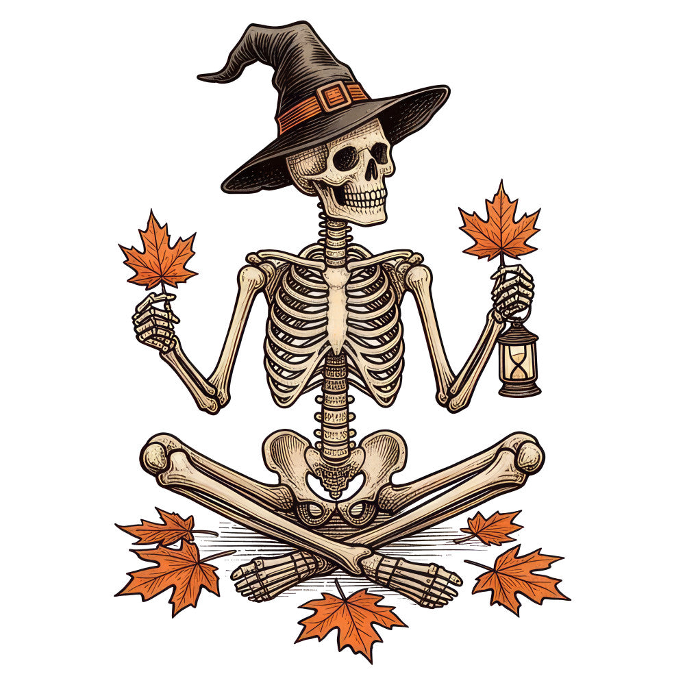 skeleton, witch hat, autumn leaves, fall, halloween, orange, cream, tan, bone, spooky, witchy, seasonal, festive, novelty, themed, rustic, vintage, whimsical, gothic, maple leaves, lantern, crossbones, trick-or-treat, harvest, october, witchcraft, instructional panel, decorative, statement piece