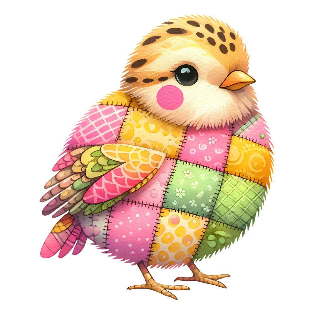 whimsical bird, colorful patchwork, pastel pink, soft yellow, sage green, cream, orange, embroidered details, quilted patches, stitched, playful, children's fabric, baby nursery, spring colors, cute animals, folk art style, decorative bird, multi-colored, cheerful design, boho style, nature theme, decorative patterns, polka dots, floral motifs, geometric squares, appliqué style, sweet and playful, nursery decor, wall hanging, lightweight cotton