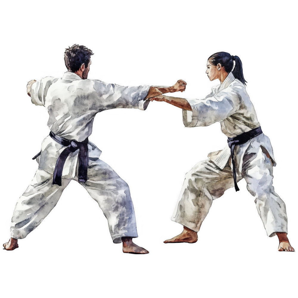 martial arts, karate, judo, sports, men and women, action, fighting, watercolor, beige, cream, white, tan, brown, athletic, traditional, Asian, combat sports, instructor, training, exercise, fitness, dynamic poses, illustration, people, figure study, unisex, neutral tones, realistic