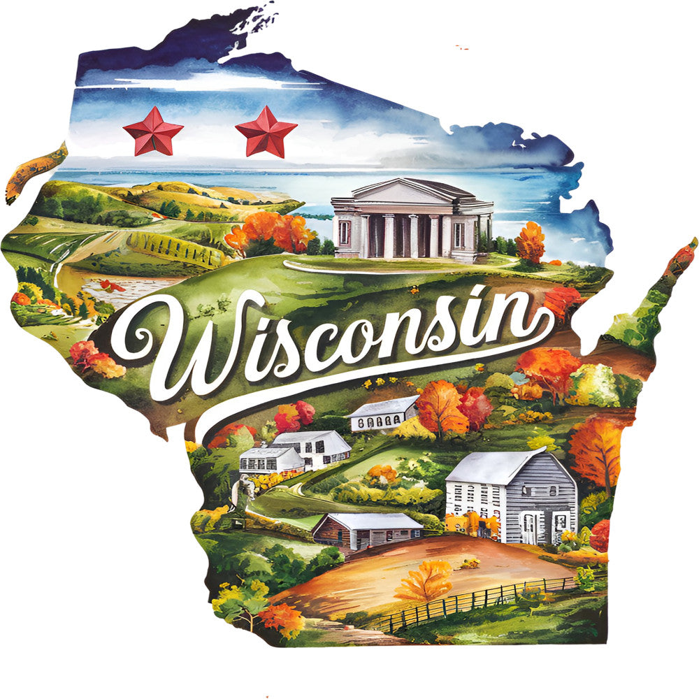 Classic US States Fabric Panel 46 featuring a detailed Wisconsin landscape with iconic landmarks and vibrant autumn colors.
