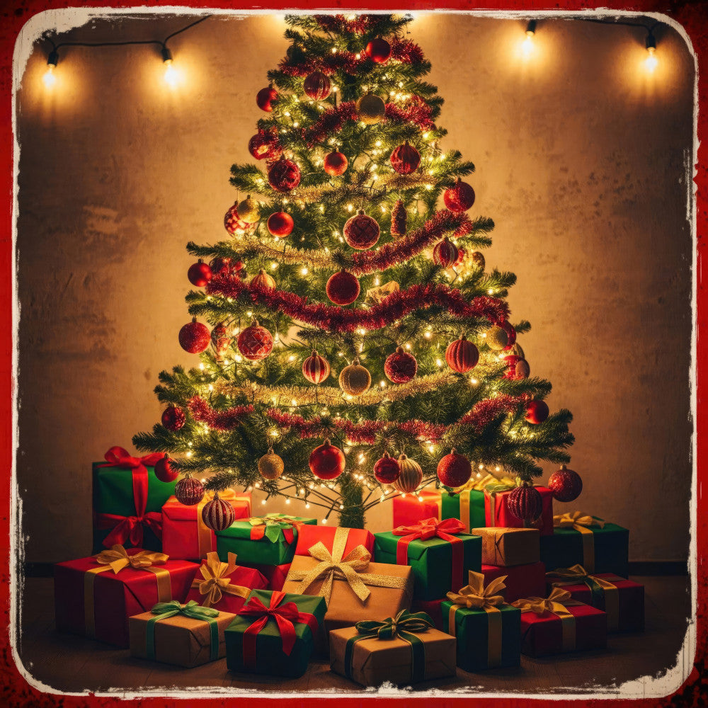 christmas, holiday, festive, red ornaments, gold lights, evergreen, tree, wrapped gifts, presents, traditional, elegant, warm gold, deep red, forest green, metallic gold, vintage, nostalgic, winter, seasonal, decorative, home decor, wall hanging, Christmas tree, baubles, tinsel, ribbon bows, golden lighting, classic Christmas
