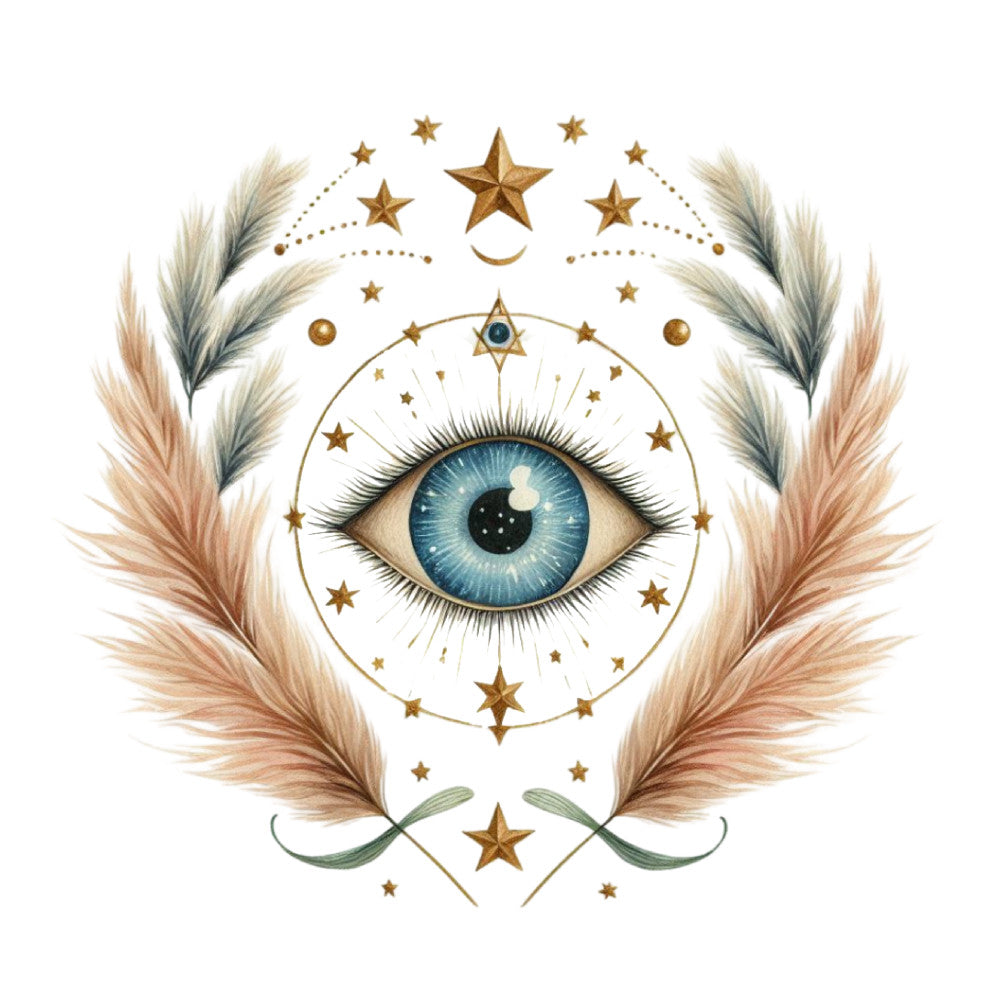 celestial, mystical, eye, stars, gold, blue, cream, beige, tan, wheat, botanical, feathers, wings, crescent moon, spiritual, bohemian, whimsical, third eye, all-seeing eye, nature, elegant, vintage, magical, dreamy, cosmic, star pattern, eye motif, ethereal, ornamental, decorative