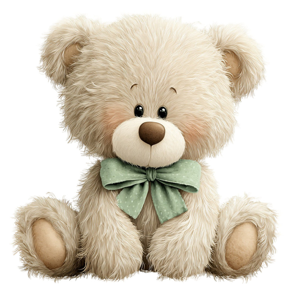 cream teddy bear, sage green, soft green, beige, tan, brown nose, cute animals, children's theme, baby theme, whimsical, sweet, adorable, teddy bear bow, polka dot bow, gentle, nursery, baby quilt, children's quilt, stuffed animal, kawaii, soft pastels, neutral colors, friendly, playful, animal motifs, baby shower, newborn, gender neutral, cottage core, tender