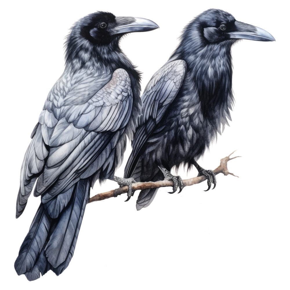 charcoal gray, black, slate blue, monochromatic, birds, crows, ravens, perched birds, wildlife, nature, animal, realistic illustration, detailed illustration, elegant, sophisticated, gothic, dark academia, ornithology, two birds, branch perch, feather detail, wings, naturalistic, scientific illustration, fine art style, dramatic, moody, winter, neutral tones, grayscale