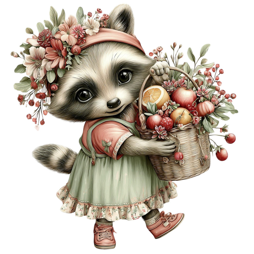 cute animal, raccoon, woodland creature, flowers, floral, fruits, berries, basket, spring, whimsical, charming, storybook, children's, baby, vintage, botanical, nature, soft pastel, cream, sage green, dusty rose, coral pink, terra cotta, illustration style, detailed, folk art, cottage core, nursery, playful, sweet