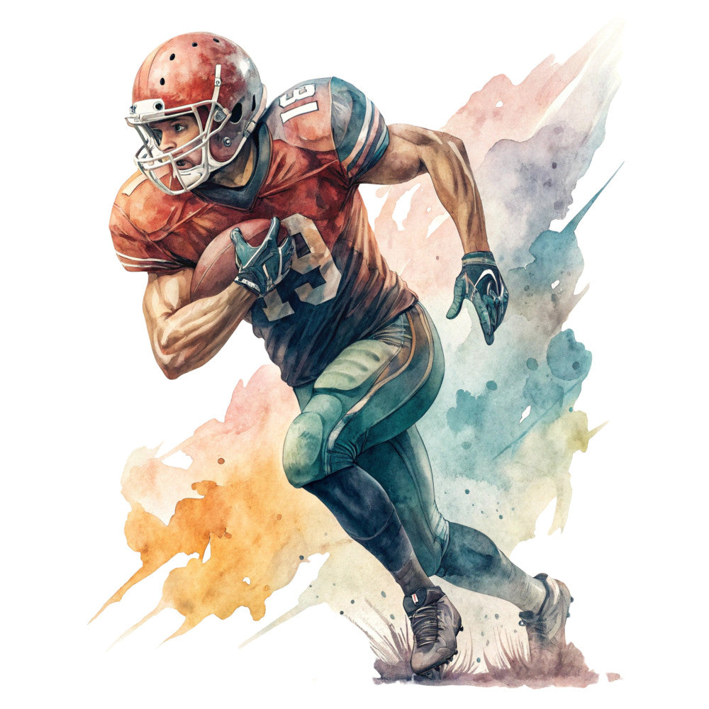 football player, sports, watercolor, abstract, rust red, terracotta, navy blue, teal, cream, masculine, athletic, action pose, running back, receiver, helmet, uniform, sports fan, patriotic, americana, modern, artistic, splatter, ink wash, strength, dynamic movement, energy, touchdown, game day, sports themed, men's interests