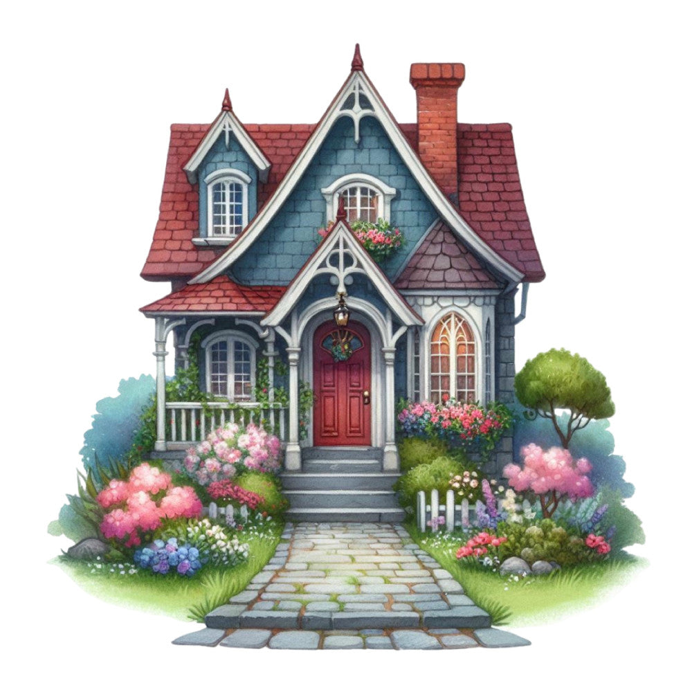 cottage, house, Victorian, storybook, whimsical, fairy tale, garden, floral, roses, hydrangeas, pink flowers, red door, stone pathway, architecture, home, cozy, charming, countryside, English garden, spring, summer, rustic, elegant, traditional, blue-gray walls, red roof, chimney, window boxes, landscaping, pastoral