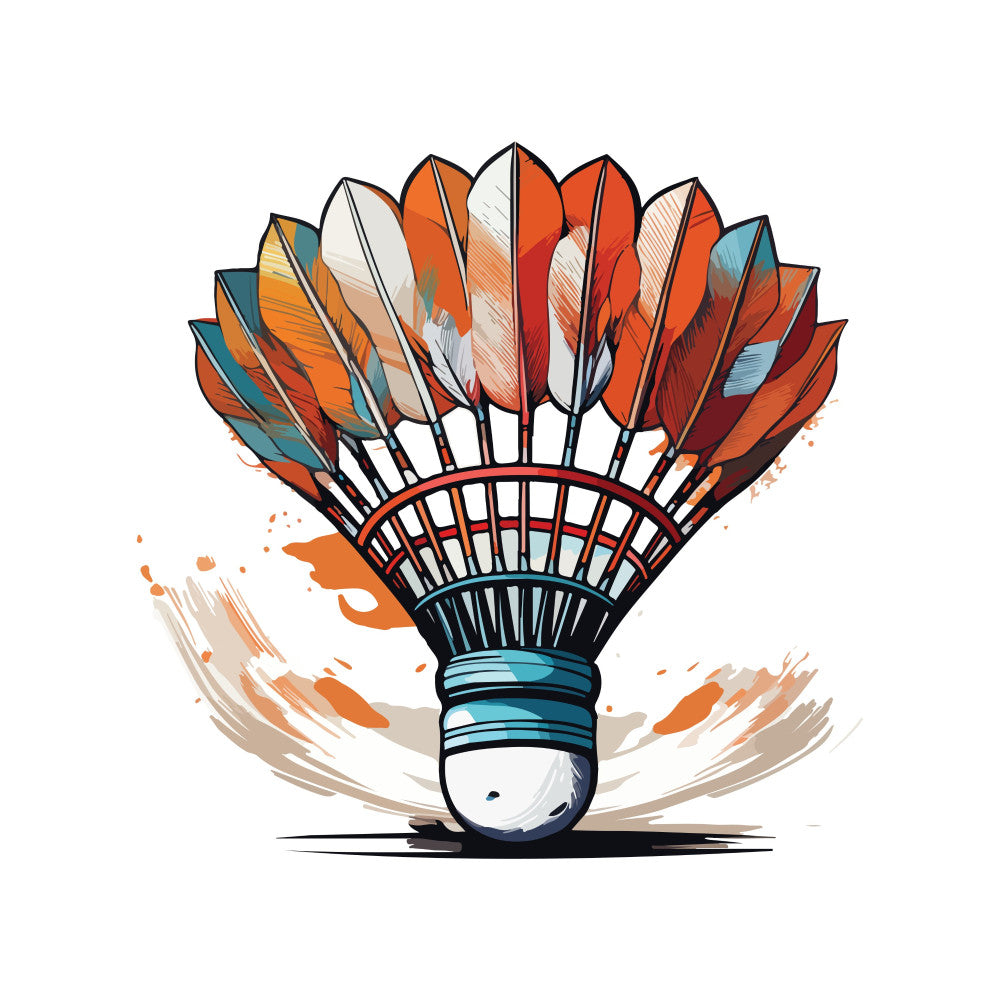 badminton, sport, orange, white, cream, teal blue, rust orange, coral orange, geometric, abstract, athletic, modern, whimsical, playful, sports equipment, shuttlecock, birdie, racquet sport, action, dynamic, splash effect, watercolor style, illustration, contemporary, casual, recreational, games, summer, active lifestyle