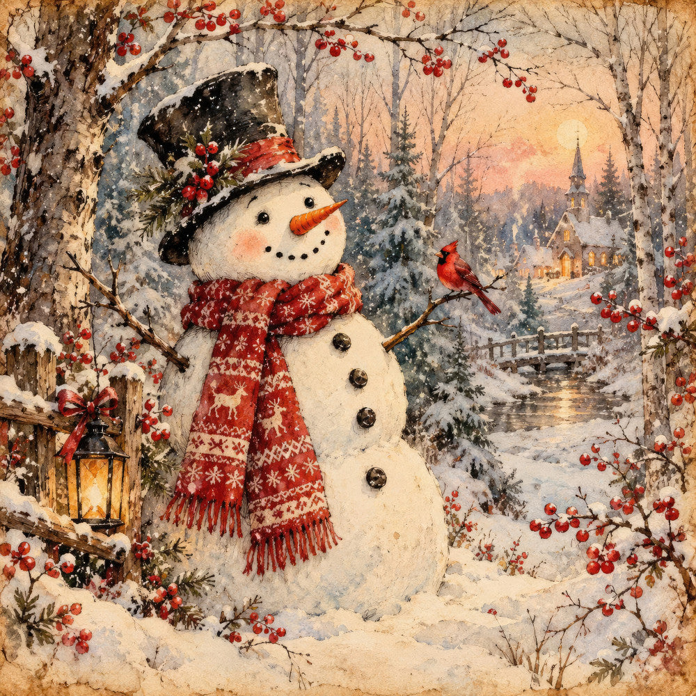 snowman, winter, christmas, holiday, red and white, cream, black, orange, vintage, nostalgic, traditional, whimsical, rustic, elegant, snow, berries, cardinal bird, forest, evergreen trees, church, lantern, scarf, top hat, winter landscape, seasonal, festive, decorative, nature, birds, winter village