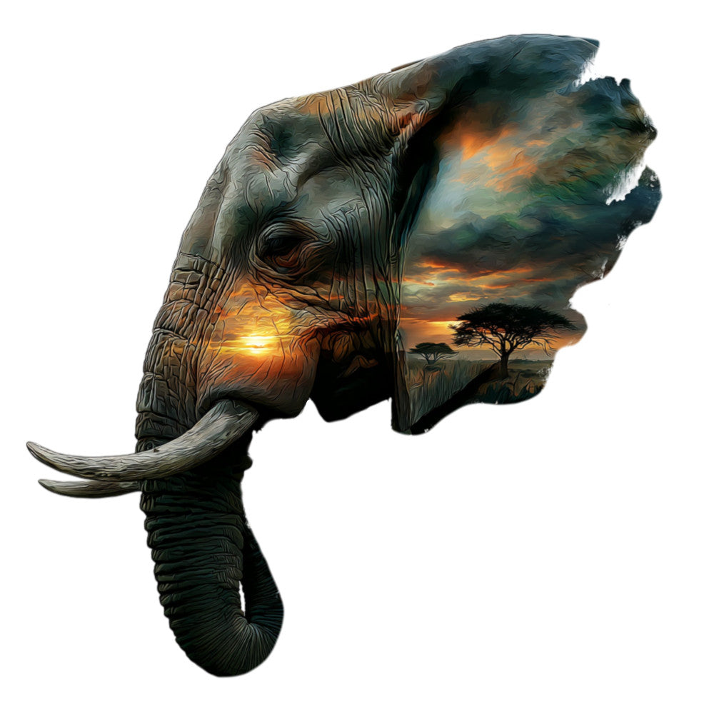 elephant, wildlife, african safari, sunset, golden orange, burnt orange, deep teal, charcoal gray, double exposure, nature scene, animal silhouette, acacia tree, savanna landscape, dramatic sky, warm tones, cool tones, artistic, modern, bohemian, celestial vibes, wall art, home decor, nature lover, adventure themed, exotic animals, majestic, serene, landscape panel, mixed media style