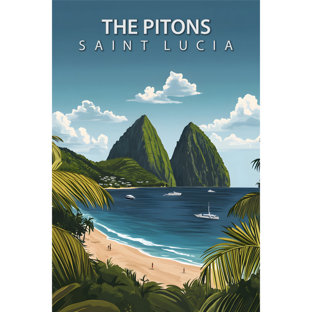 turquoise blue, emerald green, tropical paradise, mountain peaks, ocean waves, sandy beach, palm fronds, sailboats, white clouds, vintage poster style, scenic landscape, caribbean island, fabric panel, quilting cotton, travel theme, summer vacation, coastal scene, retro illustration, tropical getaway, serene mood